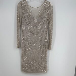 Adrianna Papell long-sleeve, sequin-beaded cocktail sheath dress beige size 2